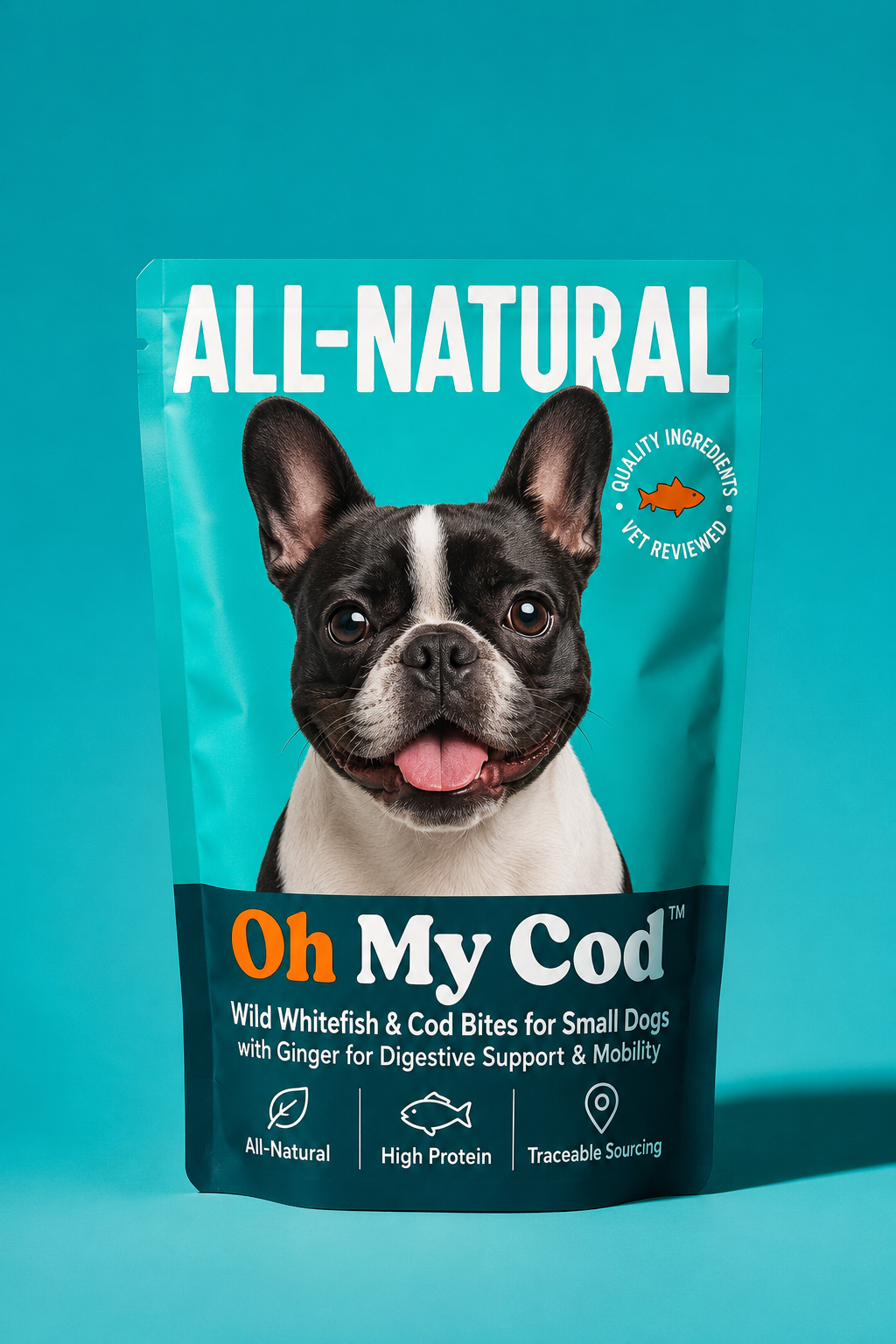 Oh My Cod™ Wild Whitefish & Cod Bites packaging concept for small dogs